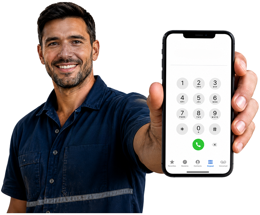 Manly Blocked Drains plumber holding a phone — call 1300 261 965