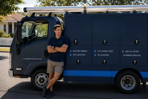 Our plumber with the service van on a Manly job