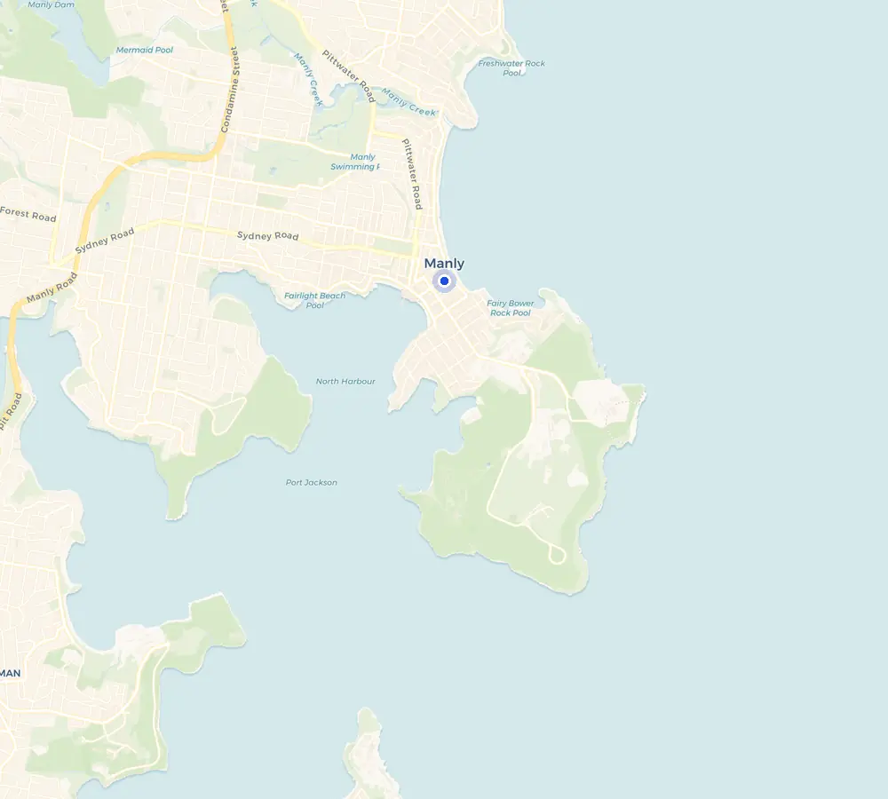 Map of the Manly service area and the surrounding Northern Beaches, showing Manly and the nearby streets we cover.