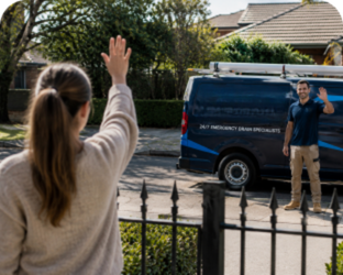 Customer waving goodbye to a Manly Blocked Drains plumber